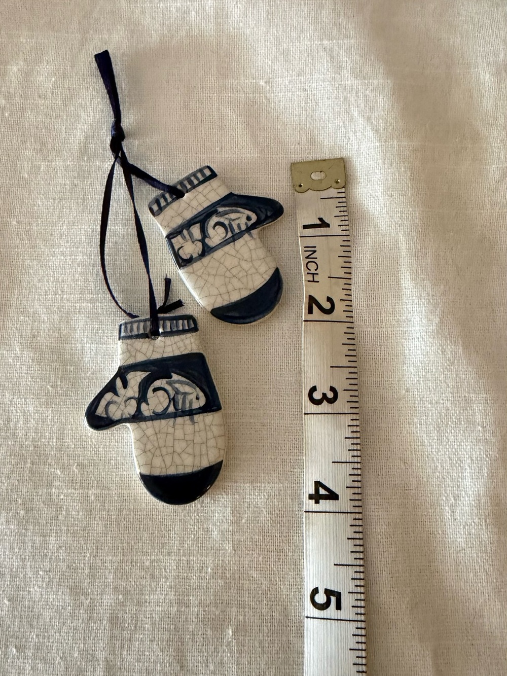 Blue and White Ceramic Mitten Ornaments - Set of 2